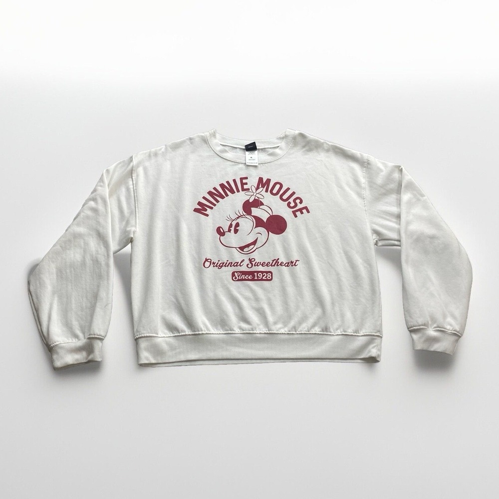 Disney White Crewneck Sweater with Maroon Minnie Mouse Print